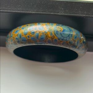 Vintage Blue and Gold Flowered Bangle Bracelet